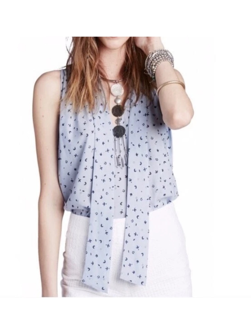 Free People Pale Blue Printed Tie-Neck Camisole